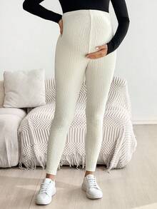 SHEIN Maternity Casual Solid Color Textured Leggings  Winter Clothes For Women  White Pants  White - Beige - View 3