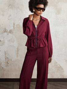 SHEIN LUNE 全新女式纯色翻领系带夹克套装 - 酒紅色 - 查看 5