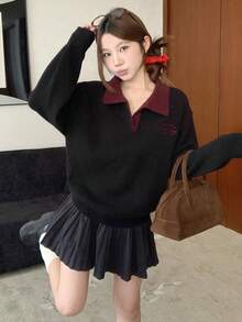 DAZY Suéter casual de estilo coreano con bloques de color para mujer, otoño/invierno - Negro - Ver 2