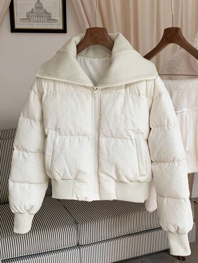 Comfortcana 女士休闲日常通勤简约大翻领拉链夹棉大衣，冬季