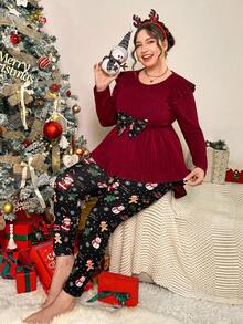 SHEIN Essnce Plus Size Women's Autumn And Winter Fashion Casual High Elastic Comfortable Red Waist Top And Christmas Print Leggings Two Pieces Set, Mother And Daughter Clothes,Christmas Outfit For Women - Red - View 4