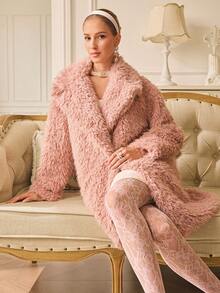 Revavyn Pink Faux Shearling Mid-Length Jacket, Crisp Collar, Soft Fluffy Texture, Suitable For Commuting, Dating, And Everyday Wear - Pink - View 1