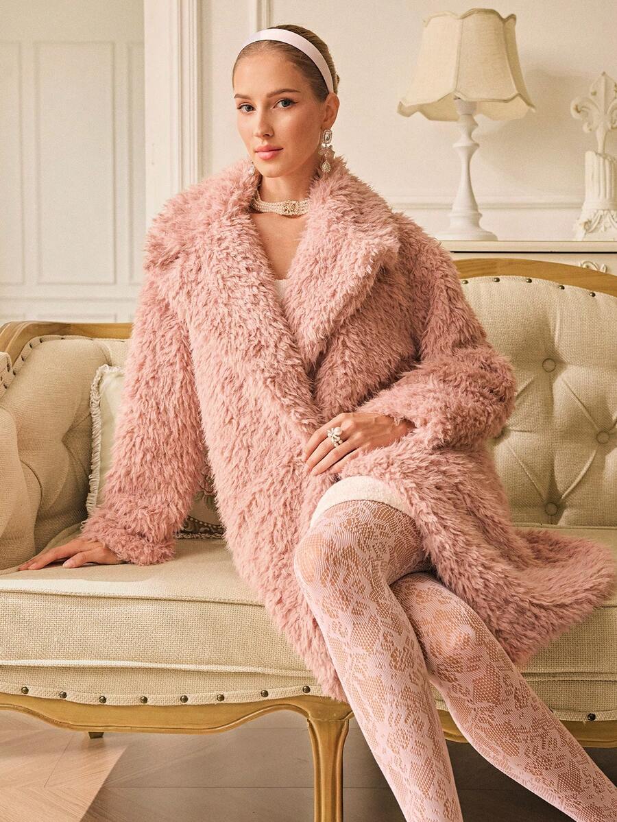 Revavyn Pink Faux Shearling Mid-Length Jacket, Crisp Collar, Soft Fluffy Texture, Suitable For Commuting, Dating, And Everyday Wear - Pink - View 1