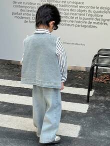 Genkimix Kids 小男孩休闲装：单排扣牛仔背心、条纹长袖衬衫和阔腿牛仔裤，秋季 - 彩色 - 查看 2