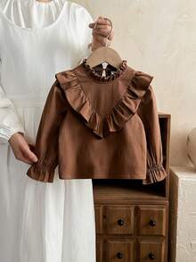 LMoss Kids Baby Girl Ruffled Casual Top, Suitable For Autumn/Winter Wear - Khaki - View 1