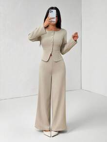 SHEIN PETITE 女款優雅秋季卡其色辦公兩件套，純色圓領單排扣夾克與長褲套裝，商務休閒正式通勤穿著，適合嬌小女性 - 卡其色 - 查看 1