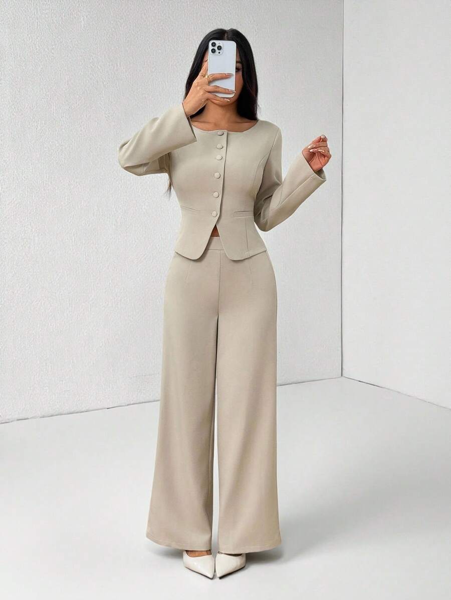 SHEIN PETITE 女款優雅秋季卡其色辦公兩件套,純色圓領單排扣夾克與長褲套裝,商務休閒正式通勤穿著,適合嬌小女性 - 卡其色 - 查看 1