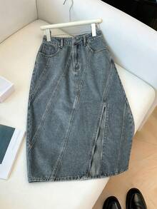 Elamini Damen Lässiger Mode Reißverschluss Schlitz Saum Locker Denim Rock - Blau - Übersicht 1