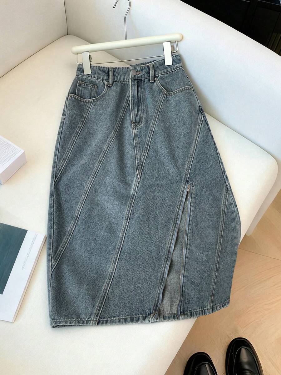 Elamini Damen Lässiger Mode Reißverschluss Schlitz Saum Locker Denim Rock - Blau - Übersicht 1