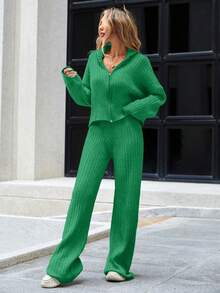 EURMUSE Set de 2 bucăți de pulover cu fermoar și pantaloni de lungime întreagă pentru femei - Verde - Vizualizare 3