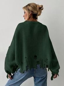 EURMUSE Women Casual Solid Color Distressed Dropped Shoulder Oversized Sweater For Autumn/Winter - Dark Green - View 2