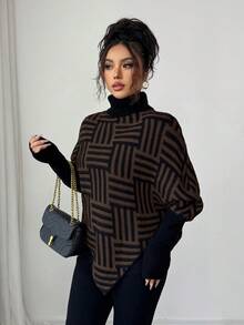 Elenzga Women's Elegant High Neck Geometric Textured Poncho Sweater, Colorblock, Suitable For Home & Travel, Spring/Autumn - Chocolate Brown - View 4