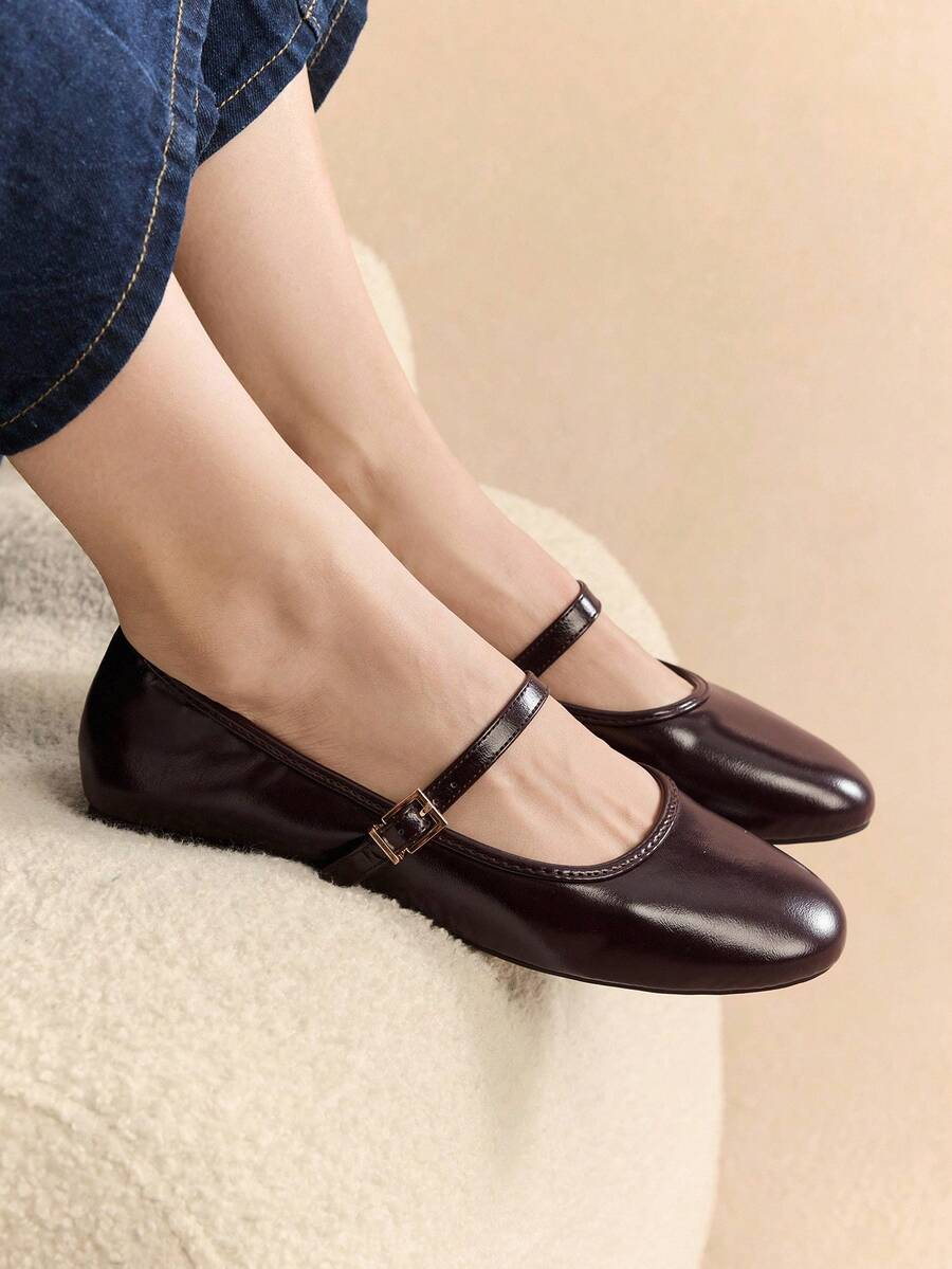 Rosivie 法式优雅通勤圆头系带编织平底女鞋 - 巧克力棕 - 查看 1