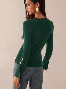 Lilora Long Sleeve Slit Metal Decor Bodycon Sweater In Fall/Winter Green Sweater Dark Green Top Green Tops For Women Emerald Green Top,Fall,Fall Clothes For Women - Green - View 2