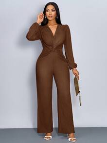 Twist Knotted Deep V-Neck Long Sleeve Jumpsuit - Coffee Brown - View 6