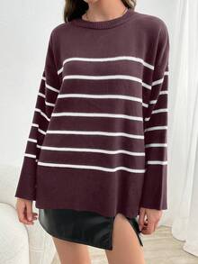 SHEIN Tall Striped Pattern Drop Shoulder Oversize Split Hem Sweater, Tall Women - Dusty Pink - View 4