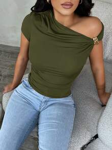 SHEIN SXY 女式性感优雅简约不对称单肩露肩上衣，夏季休闲百搭衬衫 - 軍綠色 - 查看 5