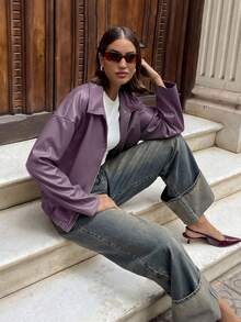 Aloruh 秋冬时尚百搭通勤款 Ancla 紫色 PU 夹克 - 紫色 - 查看 6