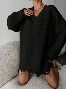 EURMUSE Drop Shoulder Distressed Sweater Black - Black - View 5