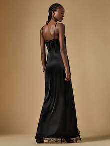 Briarwyn 女式露肩细肩带黑色蕾丝拼接高开衩下摆连衣裙 - 黑色 - 查看 2