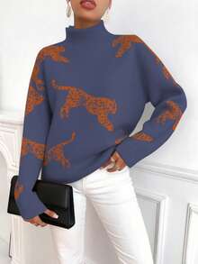 SHEIN Clasi Women Animal Pattern Turtleneck Long Sleeve Sweater - Blue - View 4