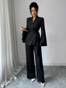 Elenzga Conjunto de traje de mujer con blazer de manga larga con cuello alto, cintura ceñida y dobladillo en línea A, y pantalones rectos de pierna ancha de unicolor, elegante, de moda, casual, encantador, retro, minimalista, de alta gama, romántico y apropiado para vacaciones - Negro - Ver 7