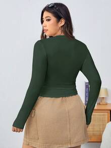 Solflare Camiseta de punto ajustada de talla grande, verde oliva - Verde Oscuro - Ver 2