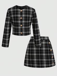 SHEIN Set Jaket Lengan Panjang Kotak-kotak Gaya Urban Chic untuk Remaja Perempuan dan Rok Mini Bodycon - Hitam - View 5