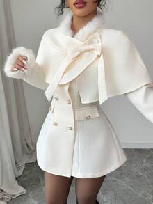 SHEIN Elenzya 优雅杏色人造毛领长袖 A 字形设计双排扣蝴蝶结口袋夹克，适合商务会议、婚礼、联欢晚会、通勤、毕业派对、节日、约会和派对 - 白色 - 查看 6
