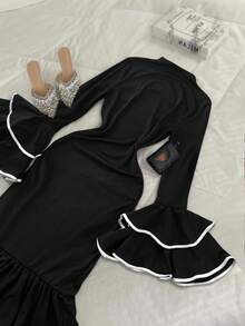 INAWLY Váy tay phồng xếp nếp màu tương phản dành cho nữ - màu đen - Xem 3