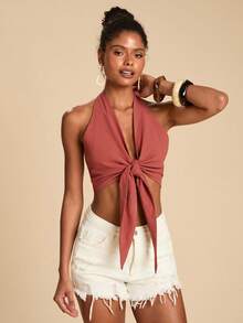 Travachic 度假风纯色编织露背短款女式上衣，系带露背设计，适合夏季海滩、休闲、优雅外出场合，蝴蝶结装饰，锈棕色，露背款式，也适合圣诞节、新年、感恩节等节日穿着，时尚优雅。 - 鏽棕色 - 查看 4