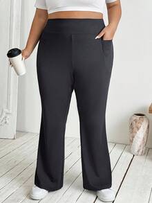 SHEIN CURVE+ 大码女式秋冬返校休闲家居服家居服瑜伽舒适户外纯黑色针织松紧腰高腰口袋喇叭裤，带口袋的紧身裤 - 深灰色 - 查看 9