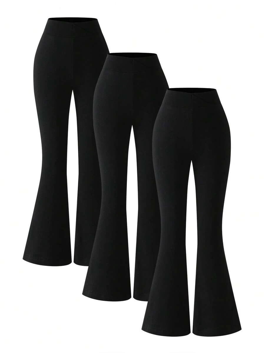 Sparklyn 3pcs Girls Young Girl Black Casual Sports Comfortable Fashion Pants Set, Personalized Waistband Design, Flared Leg Cut, Suitable For Indoor/Outdoor, Party, Sports, Travel, School, Any Occasion, Spring/Autumn/Winter - Black - View 1