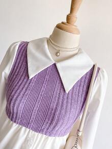 Sweetra Young 青少年女孩休闲校园风格拼色二合一领长袖衬衫 - 紫丁香色 - 查看 4