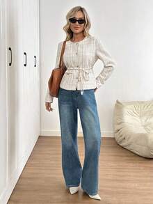 SHEIN LUNE Áo khoác vải tuýt dày thu/đông có túi và nút kim loại, áo khoác ngoài ngắn cho nữ - Nhiều màu - Xem 2