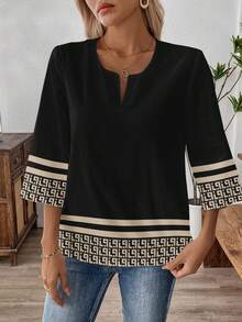 EMERY ROSE Women's Casual Vintage Print Loose V-Neck 3/4 Sleeve Work Shirt, Comfortable For Daily Commute, Spring/Autumn New Year Party - Multicolor - View 4