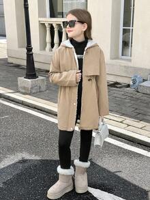 SHEIN 少女服装，纯棉水洗保暖内衬夹克，卡其色中长外套，适合返校、开学典礼、日常穿着、上学、旅行、运动、冬季、圣诞节等场合。 - 卡其色 - 查看 3