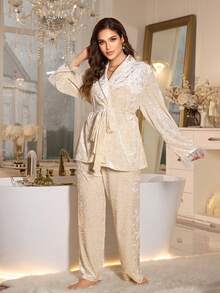 MuseNap CURVE Bộ đồ ngủ tay dài lông vũ thanh lịch cỡ lớn và quần dài, quần áo mùa đông - Màu be - Xem 5