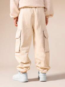 SUMWON Tween Boys Cargo Pants Beige Casual Streetwear Loose Fit Drawstring Cotton Pockets