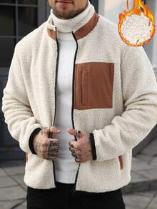 Manfinity Homme Men's Casual Patchwork Fabric Zip-Up Stand Collar Long Sleeve Jacket, Autumn/Winter - Multicolor - View 4