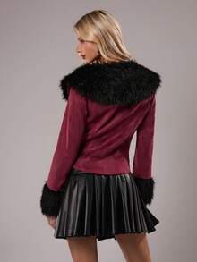 TRNVIE 1pc Women's Thin Jacket, Red, Autumn, Faux Fur Collar, Patchwork, Casual/Daily Commute - Burgundy - View 2