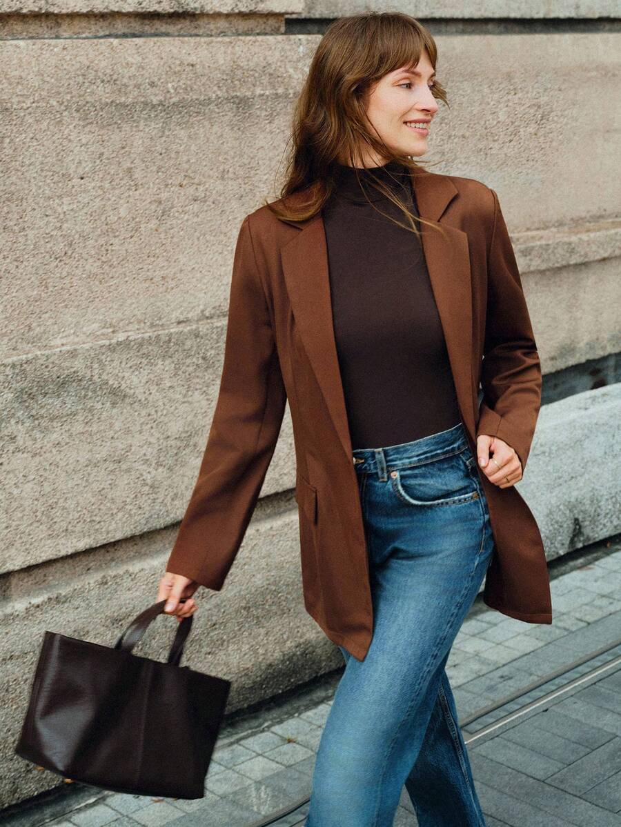 Écloséra 女士合身纯色休闲西装外套,适合通勤 - 咖啡棕 - 查看 1