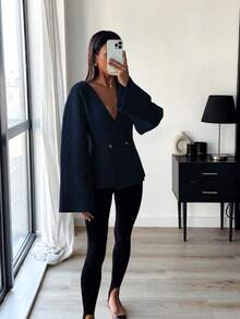 INAWLY Cardigan elegante feminino, fofo, quente, decote em V, manga sino, cintura marcada, jaqueta curta - Azul marinho - Ver 1