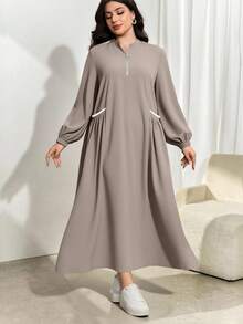 Modelyn 秋冬新款立领长袖收腰修身连衣裙 - 卡其色 - 查看 4