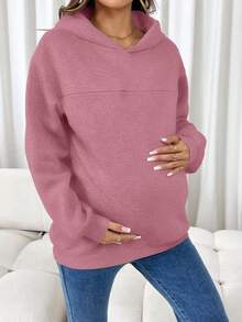 SHEIN 孕婦哺乳純色保暖內裡連帽衫，秋冬保暖女款運動套頭衫 粉色連帽衫 女款連帽衫 連帽衫 - 粉色 - 查看 3