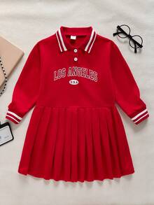SHEIN Explorewe 年轻女孩字母条纹印花褶皱长袖连衣裙 - 紅色 - 查看 3
