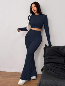 SHEIN EZwear 2 件套女式休闲纯色针织圆领长袖短款修身 T 恤和高腰喇叭裤 - 藏蓝色 - 查看 6