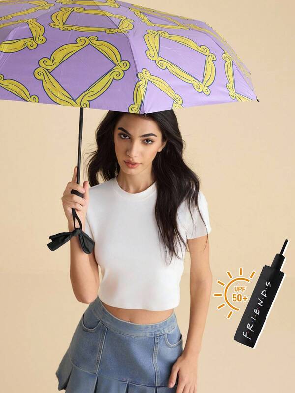FRIENDS X SHEIN 1 Pieza Paraguas plegable con estampado de patrón de dibujos animados, protección UV, adecuado para la escuela, el trabajo, el uso al aire libre y el uso diario, diseñado especialmente para estudiantes universitarios, estudiantes de secundaria y hombres y mujeres, marco de fotos,