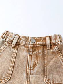 SHEIN Baby Boy Cotton Elastic Waist Slant Pocket Casual Baggy Jeans - Khaki - View 5