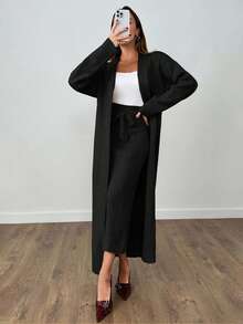EURMUSE Woman Long Cardigan And Midi Skirt Two Pieces Set Co-Ords - Black - View 6